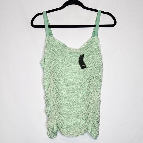 2X 18W 20W Torrid Green Floral Stretch Mesh Cropped Shirred Cami Square Neck Tan - Picture 2 of 6